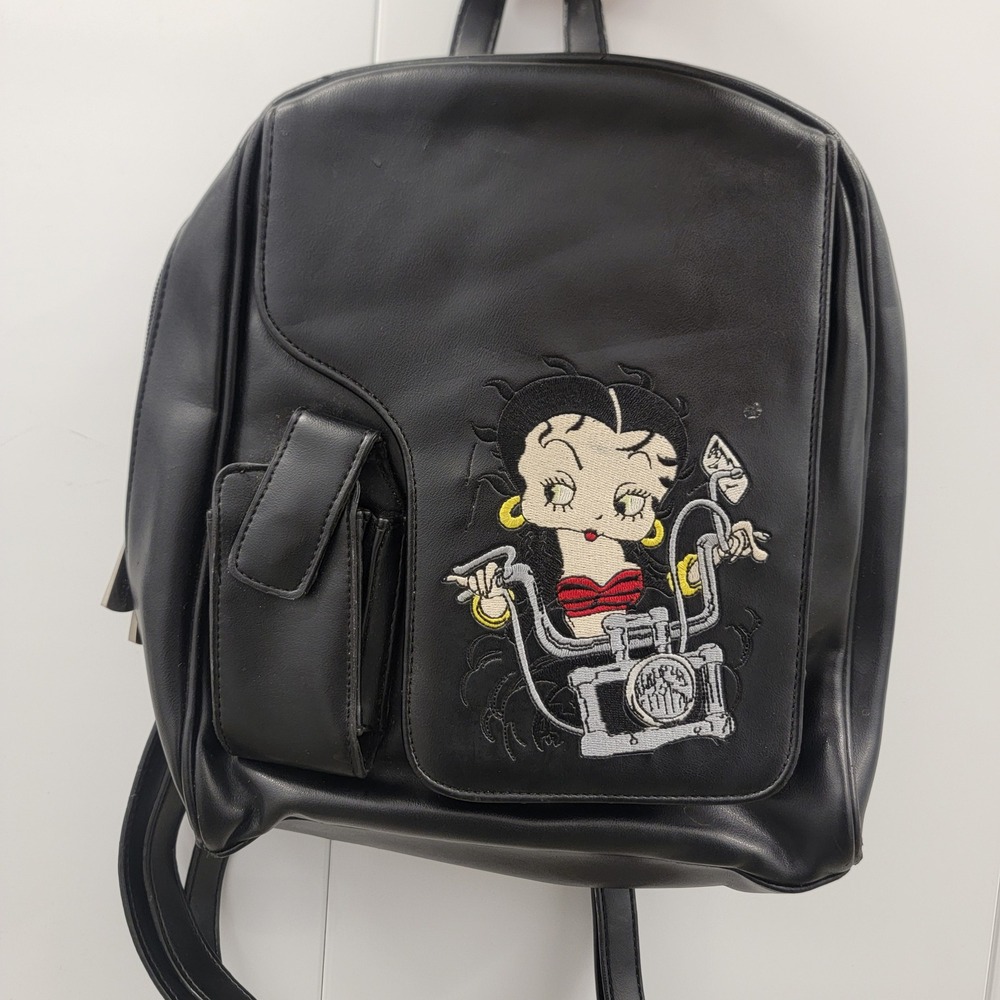 Vintage 2002 Betty Boop Biker Motorcycle Mini Backpack Black Fauxโ Leather Y2K